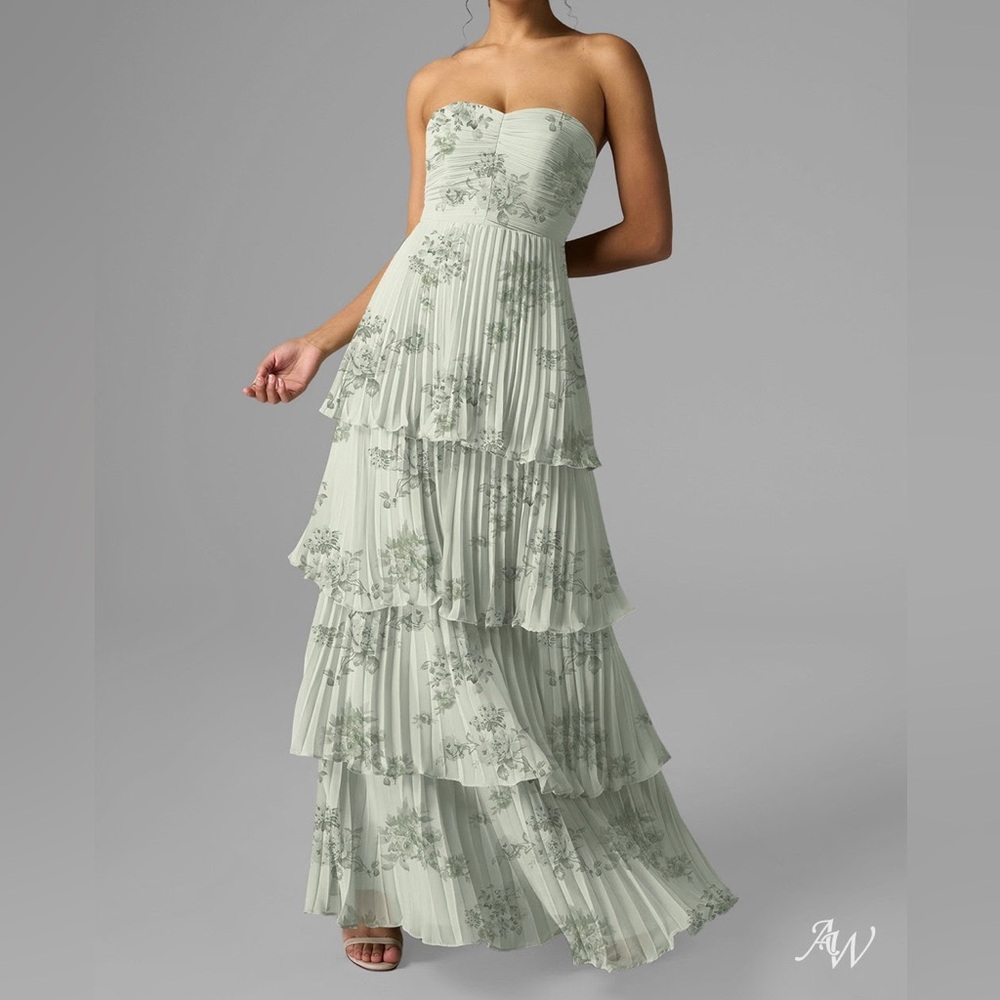 AW Bridal Bryn Pistachio Elegant Strapless Floral Tiered Dress